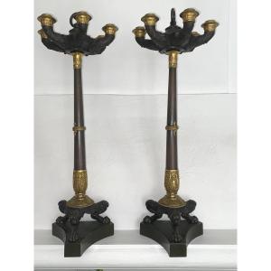 Large Pair Of Empire/restoration Candelabras In Double Patinated Bronze /69 Cm 