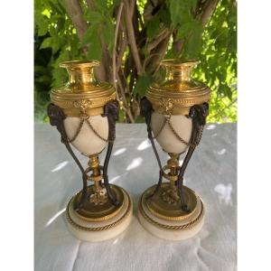 Pair Of Louis XVI Style Cassolettes, Candlesticks In Marble And Gilded Bronze 