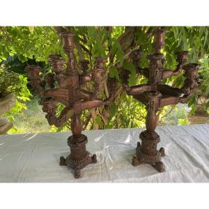 Pair Of Carved Wooden Candlesticks. 18th Century Folk Art. 