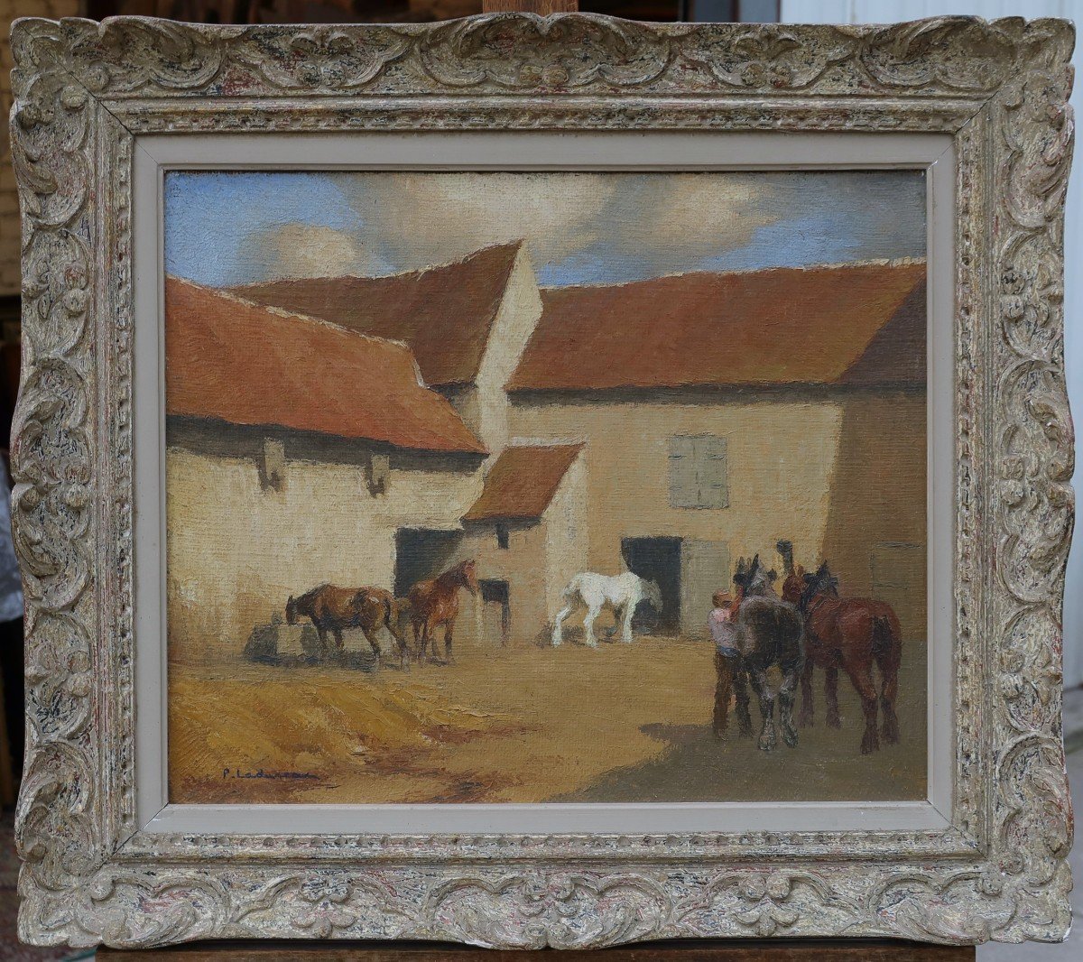 Pierre LADUREAU (1882-1974) - Chevaux dans une cour de ferme-photo-2