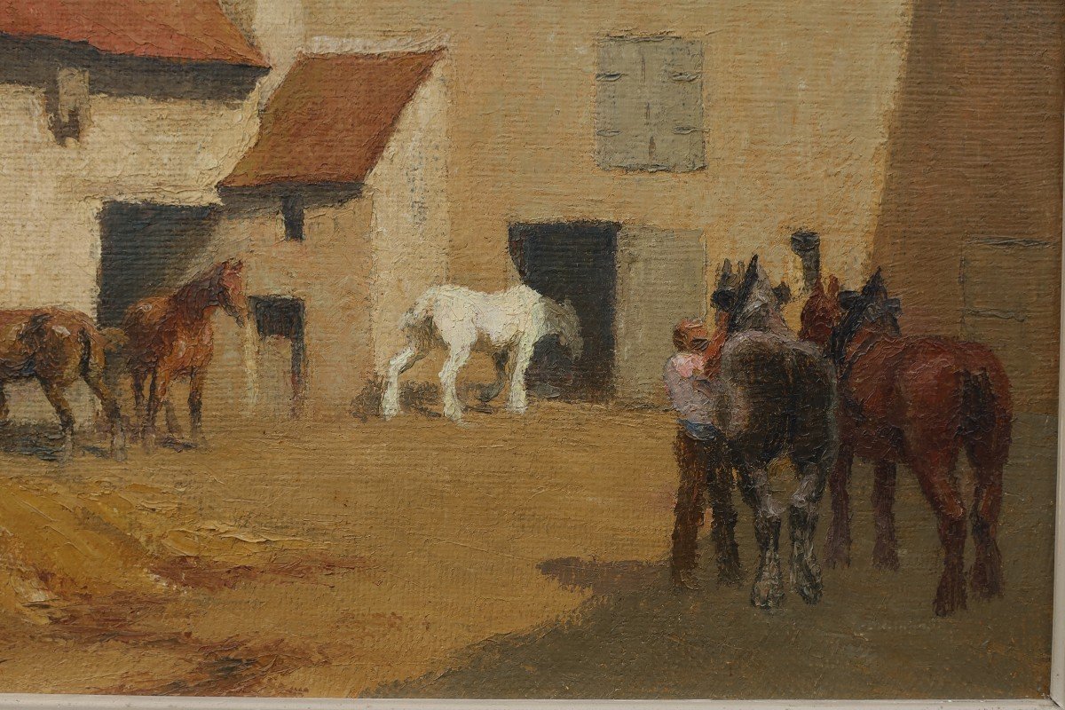 Pierre LADUREAU (1882-1974) - Chevaux dans une cour de ferme-photo-1