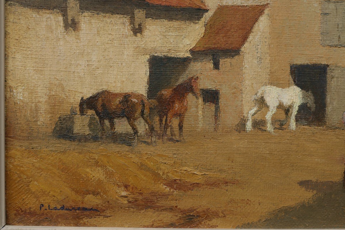 Pierre LADUREAU (1882-1974) - Chevaux dans une cour de ferme-photo-2