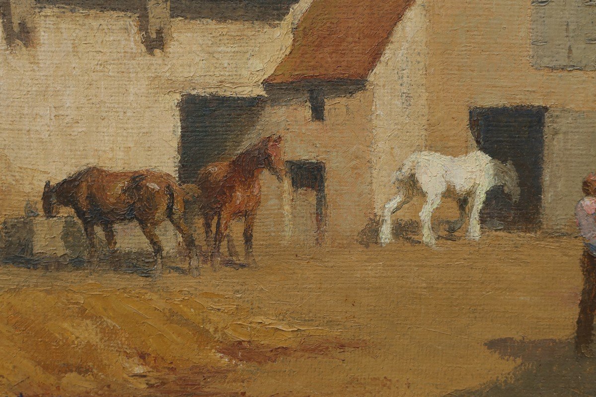 Pierre LADUREAU (1882-1974) - Chevaux dans une cour de ferme-photo-4