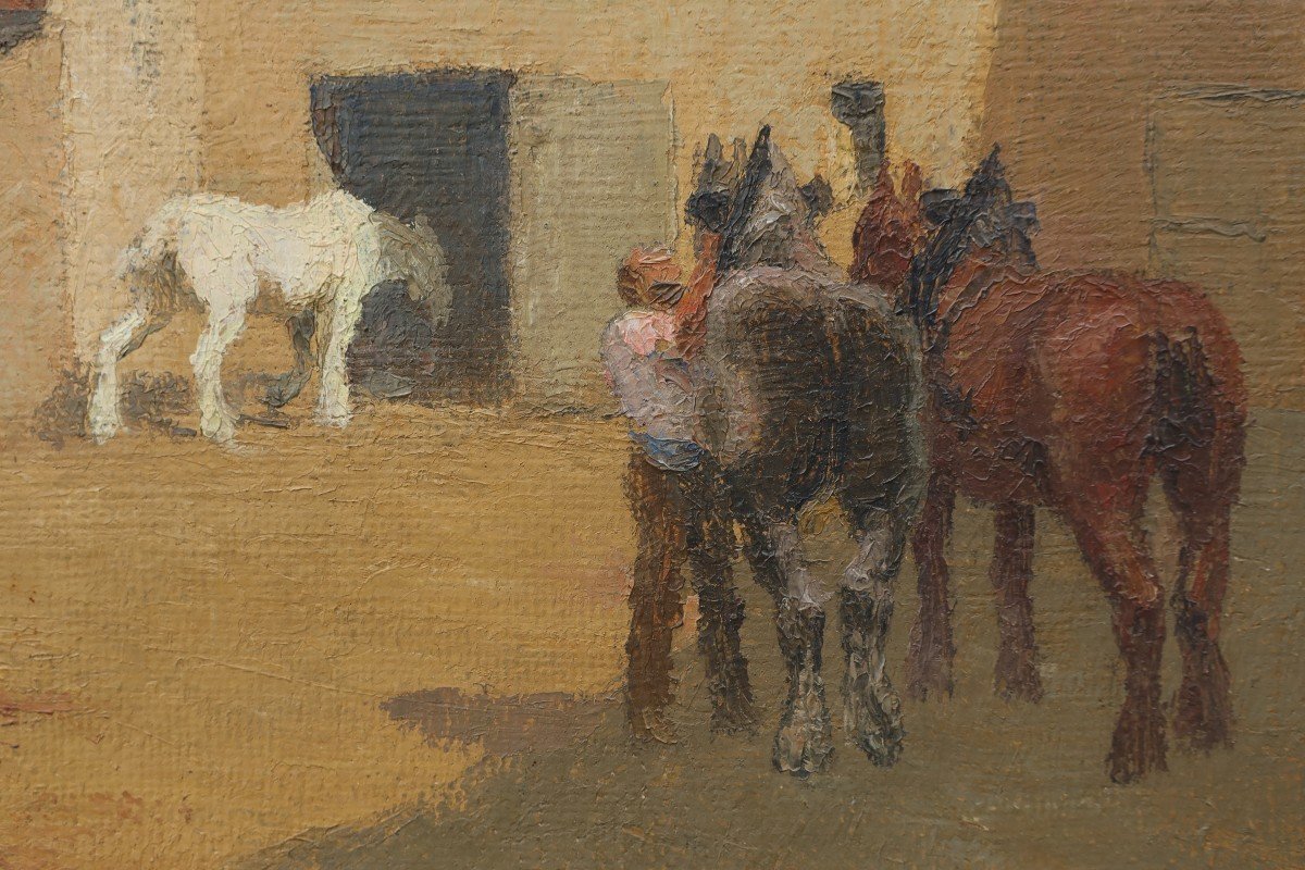 Pierre LADUREAU (1882-1974) - Chevaux dans une cour de ferme-photo-5