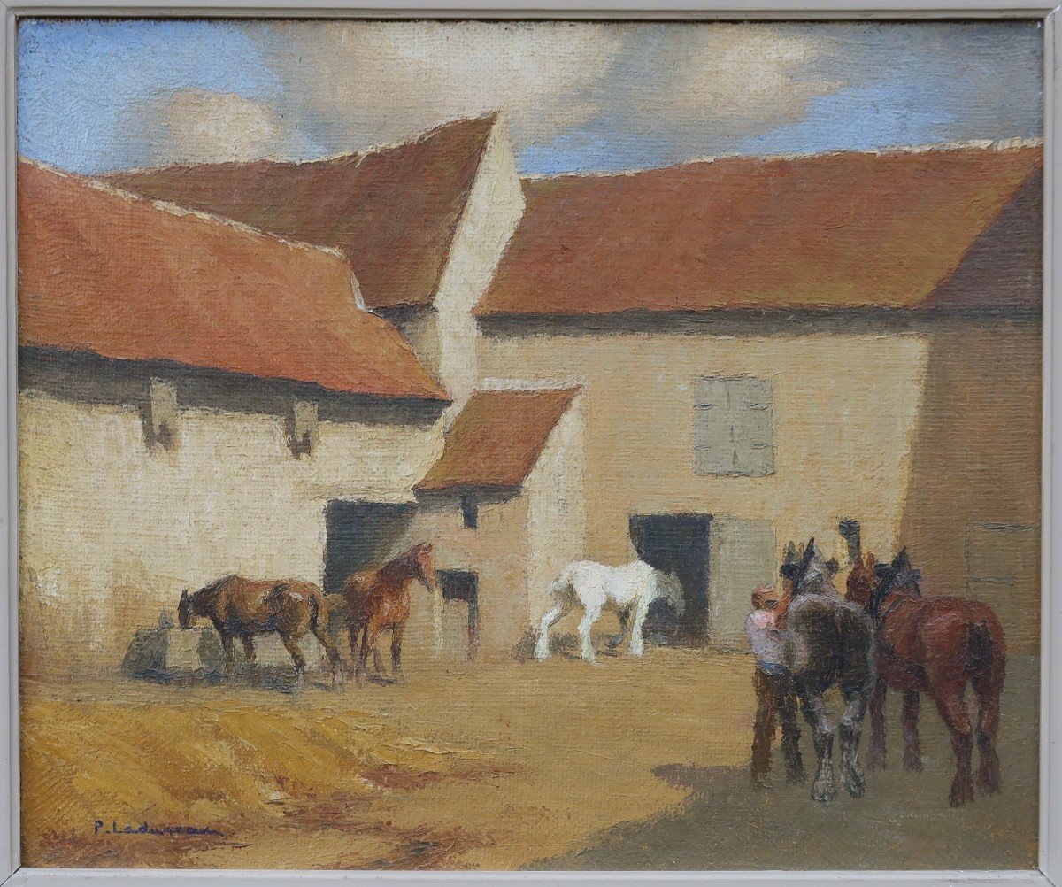 Pierre LADUREAU (1882-1974) - Chevaux dans une cour de ferme