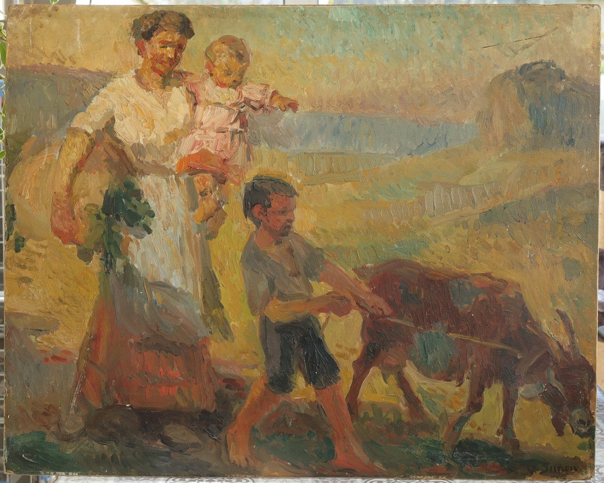 Famille promenant une chèvre - Vincent Simon début XXè