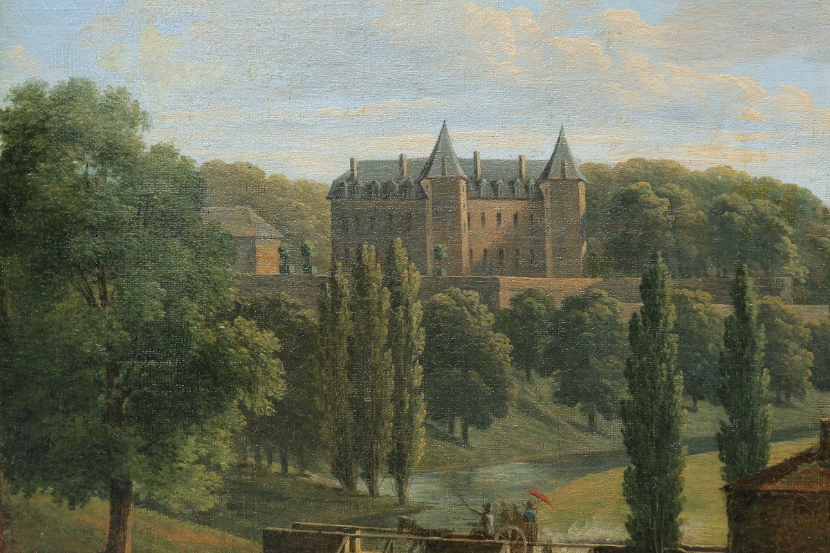Château dans un paysage animé de cavaliers - Ecole romantique 1841-photo-1