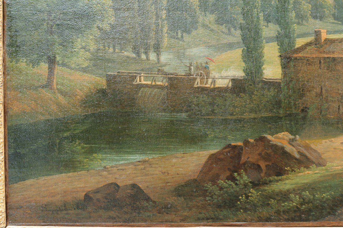 Château dans un paysage animé de cavaliers - Ecole romantique 1841-photo-3