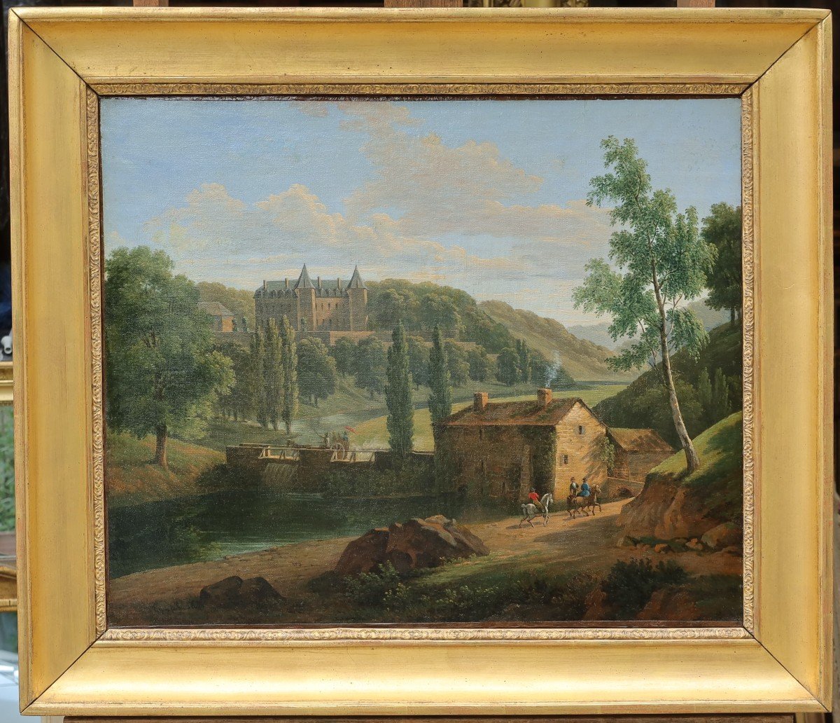 Château dans un paysage animé de cavaliers - Ecole romantique 1841