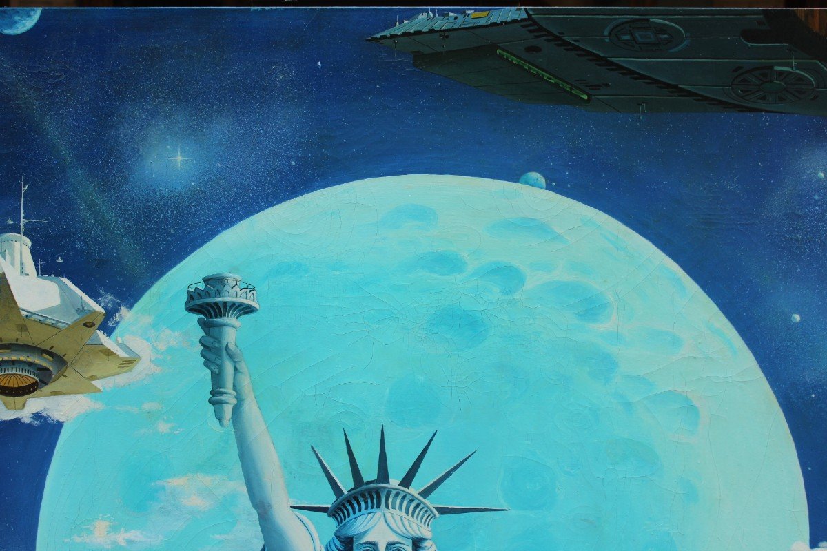 Very Large Science Fiction Painting Statue Of Liberty, 1980. Apotheose Technology. P Marchess-photo-3