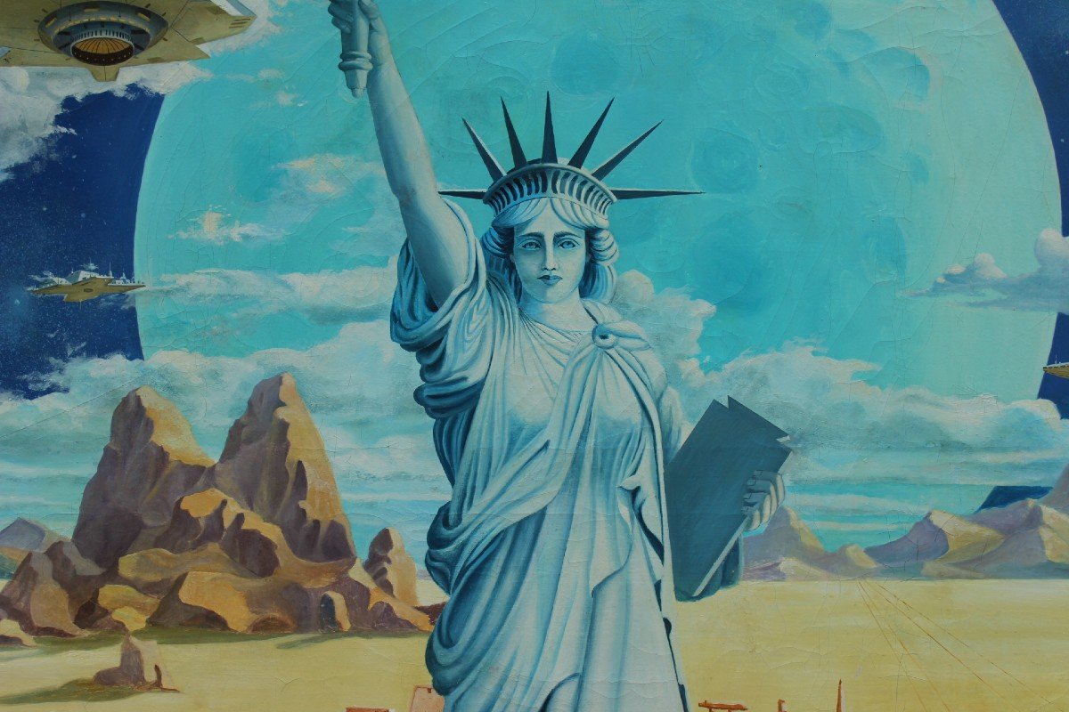 Very Large Science Fiction Painting Statue Of Liberty, 1980. Apotheose Technology. P Marchess-photo-2