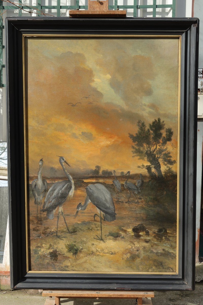 Grand tableau de Philippe ROUSSEAU (1816-1887).  Les hérons au crépuscule.-photo-3