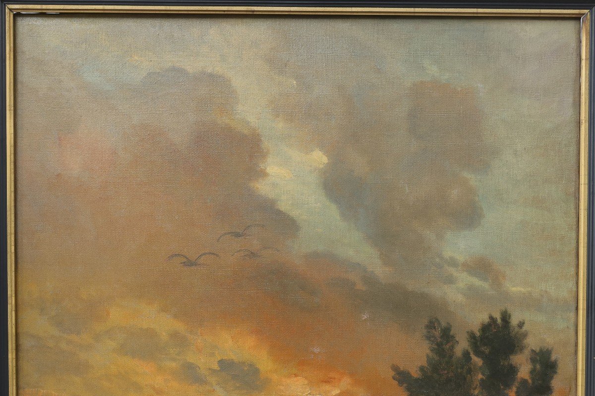 Grand tableau de Philippe ROUSSEAU (1816-1887).  Les hérons au crépuscule.-photo-4