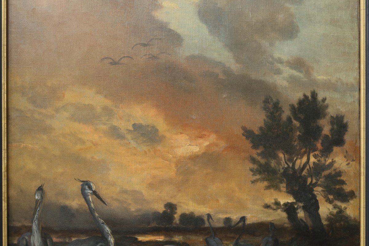 Grand tableau de Philippe ROUSSEAU (1816-1887).  Les hérons au crépuscule.-photo-1