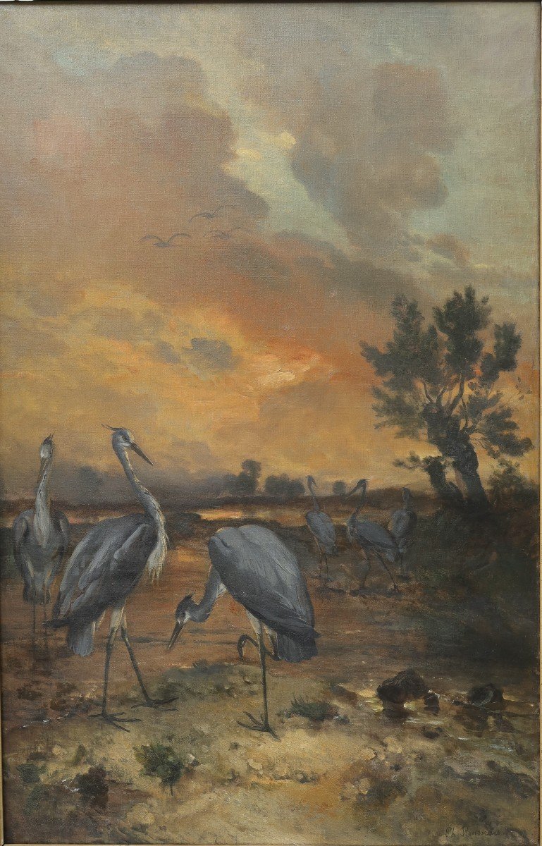 Grand tableau de Philippe ROUSSEAU (1816-1887).  Les hérons au crépuscule.