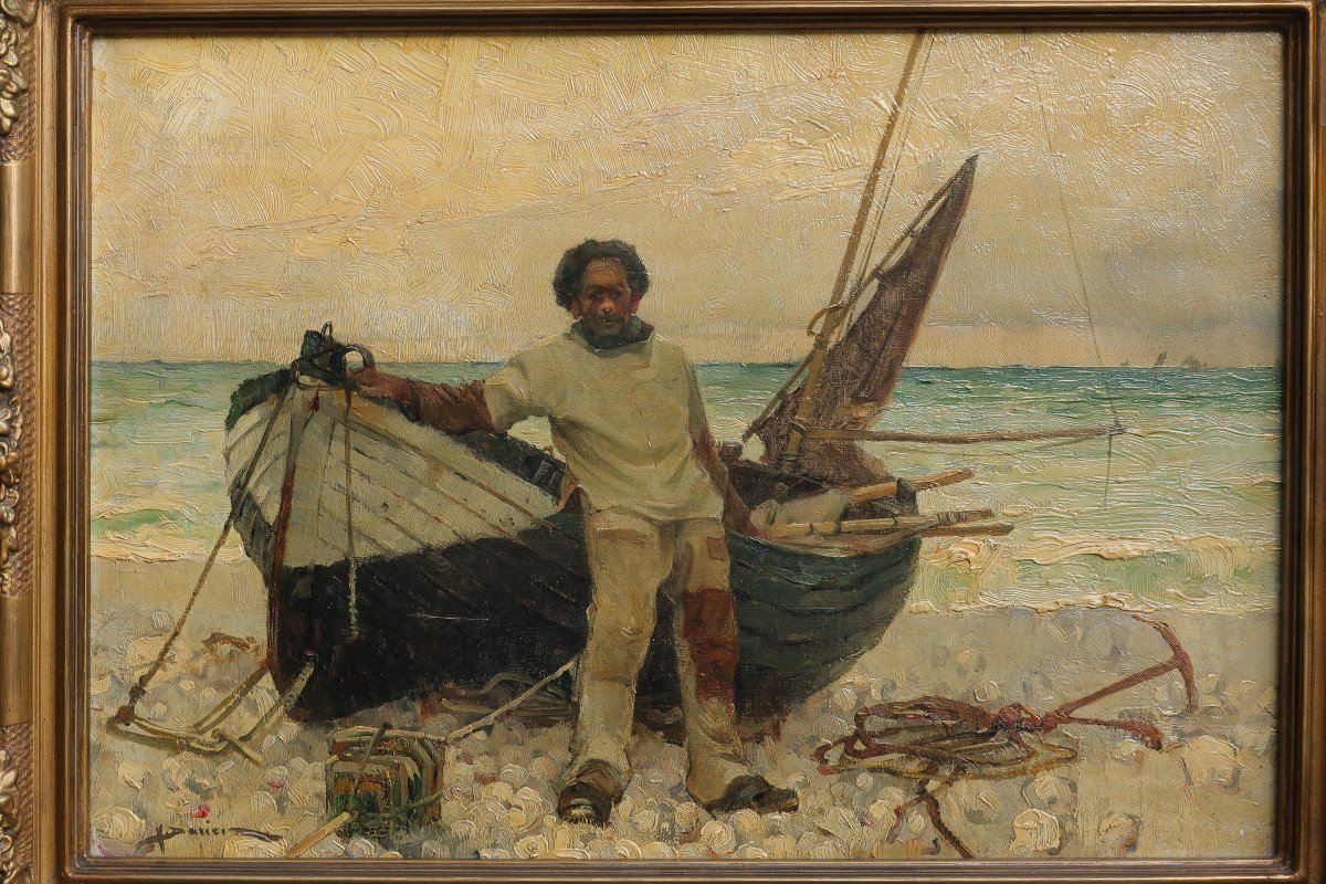 Henri Gaston Darien (1864-1926). Fisherman On The Beach In Etretat.-photo-2