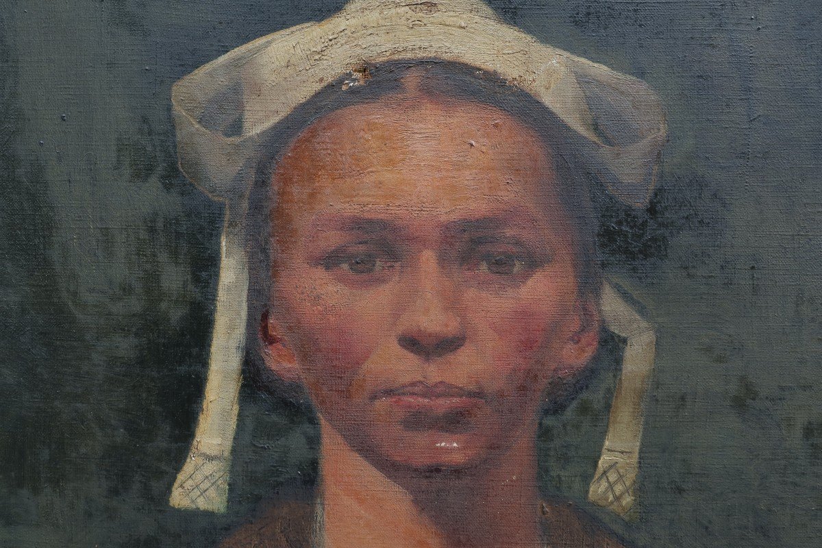 Portrait Of A Woman With A Headdress, 1894, Signed Flandin, Brittany?-photo-1