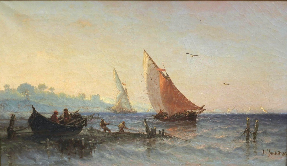 Fishermen And Tartanes In Front Of Marseille. Joseph Suchet (1824-1896). Large Painting