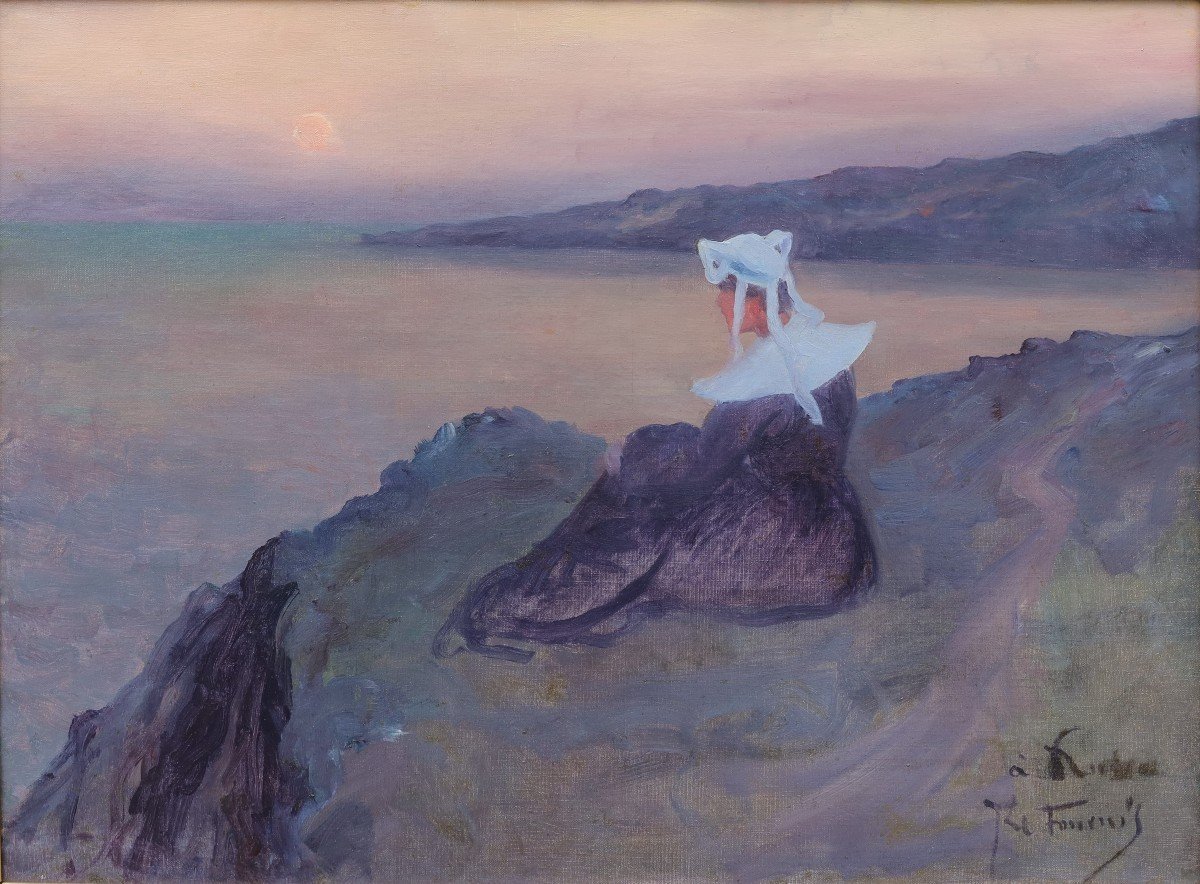 Breton Woman In Front Of The Sea, Around 1900. Jean Le Fournis (19th-20th Century)