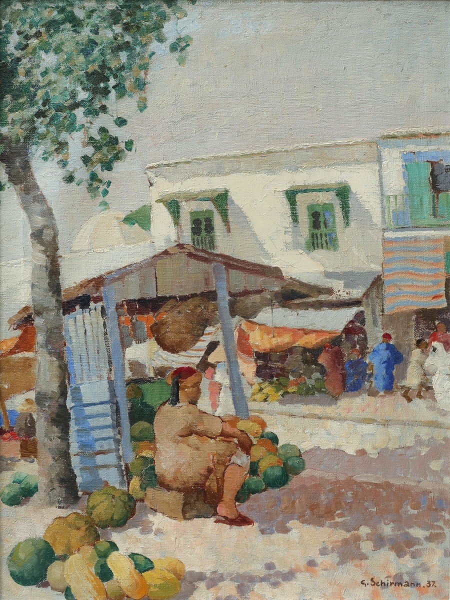 Le marché, Place Halfaouine à Tunis en 1937. Georges SCHIRMANN (1907-1977)