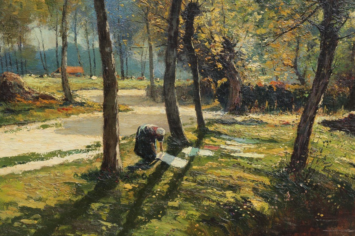 Prosper De Wit (1862-1951). Large Landscape With Washerwoman, Brabant.-photo-2