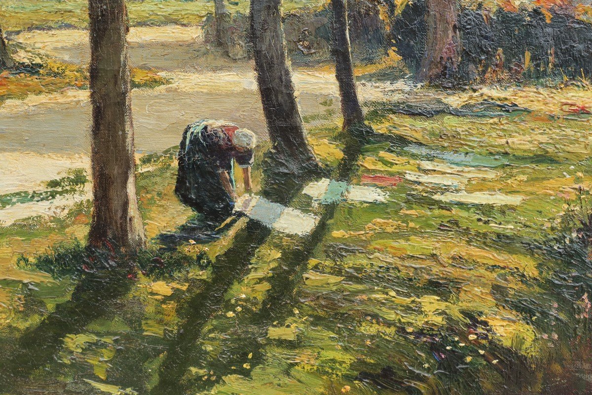 Prosper De Wit (1862-1951). Large Landscape With Washerwoman, Brabant.-photo-3