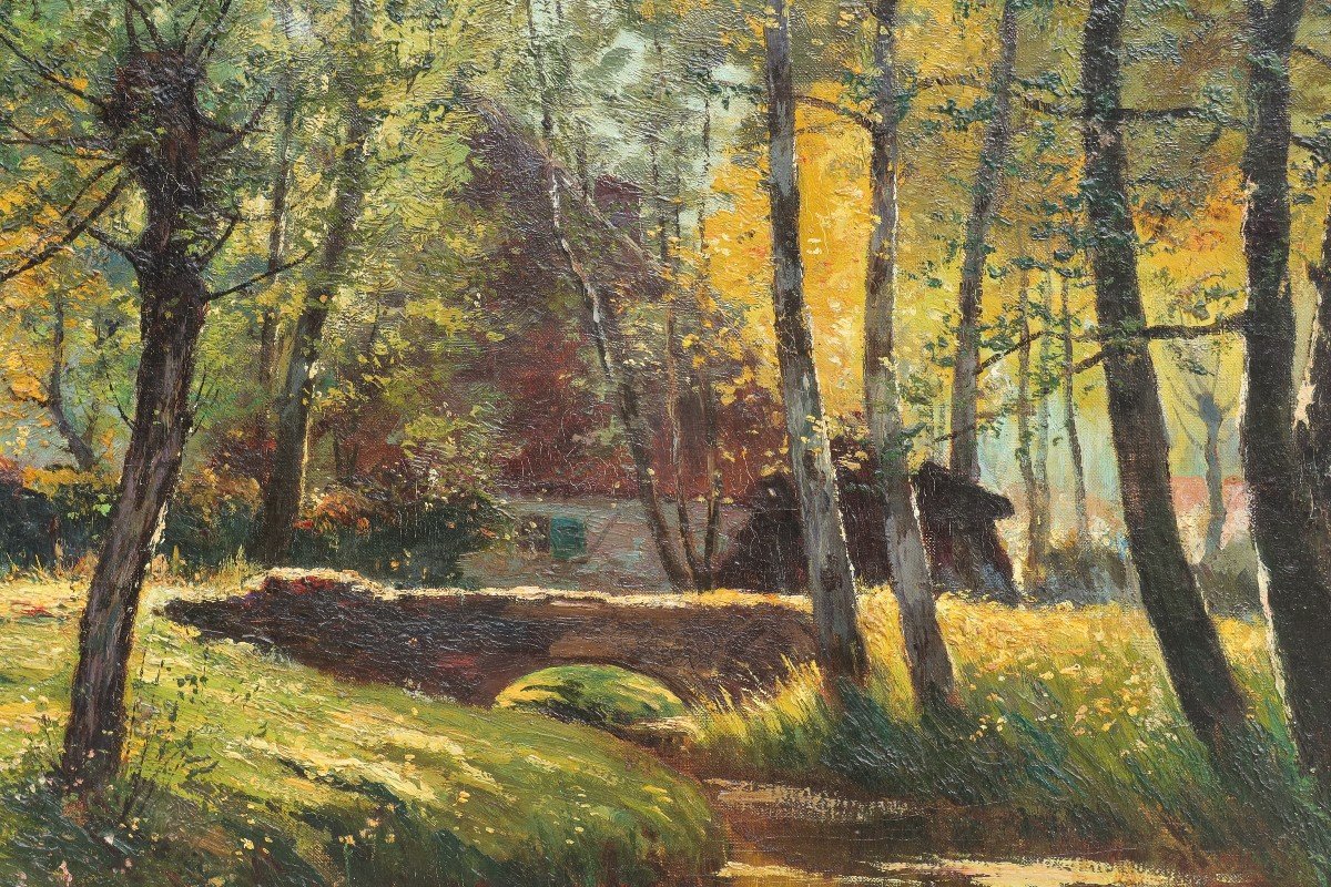 Prosper De Wit (1862-1951). Large Landscape With Washerwoman, Brabant.-photo-4