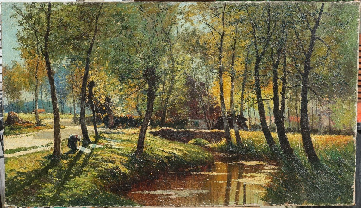 Prosper De Wit (1862-1951). Large Landscape With Washerwoman, Brabant.