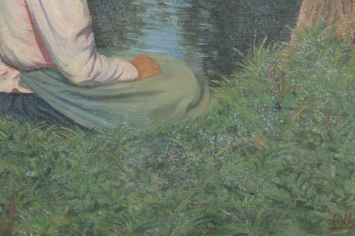 Young Girl By The River, 1901. Charles Nauert 19th-20th Century-photo-6