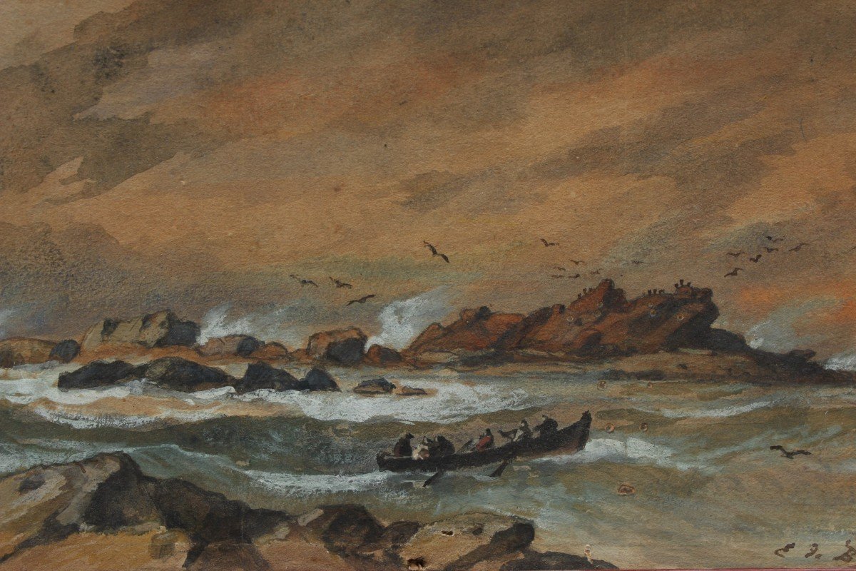 Marine, The Boat Near The Rocks - évremont De Bérard (1824-1881)-photo-3