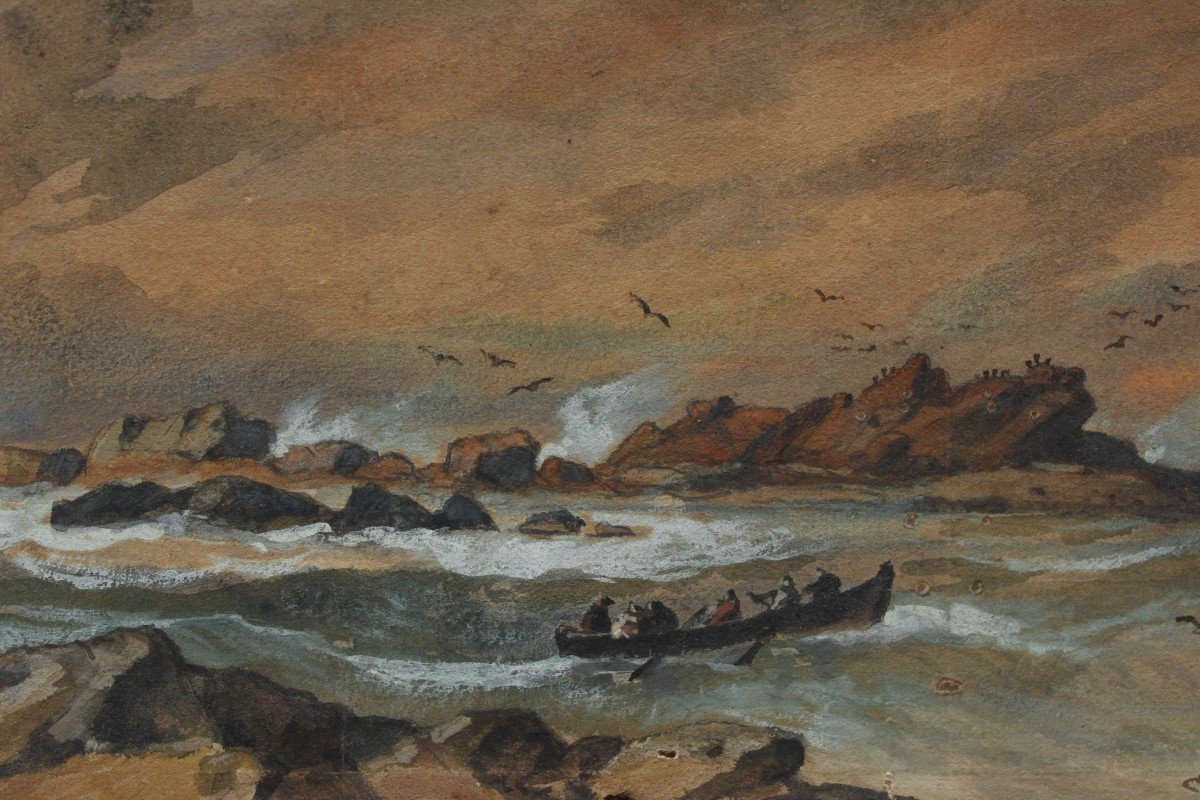 Marine, The Boat Near The Rocks - évremont De Bérard (1824-1881)-photo-4