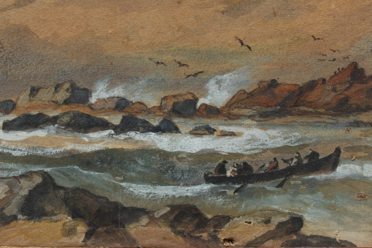 Marine, The Boat Near The Rocks - évremont De Bérard (1824-1881)-photo-2