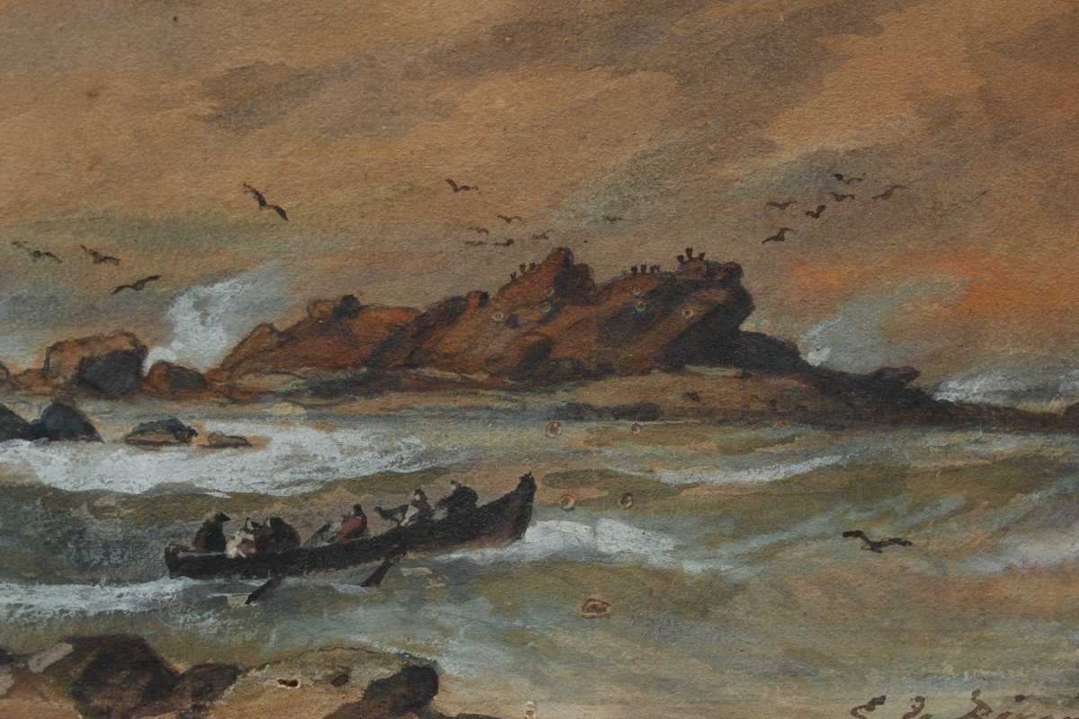 Marine, The Boat Near The Rocks - évremont De Bérard (1824-1881)-photo-4