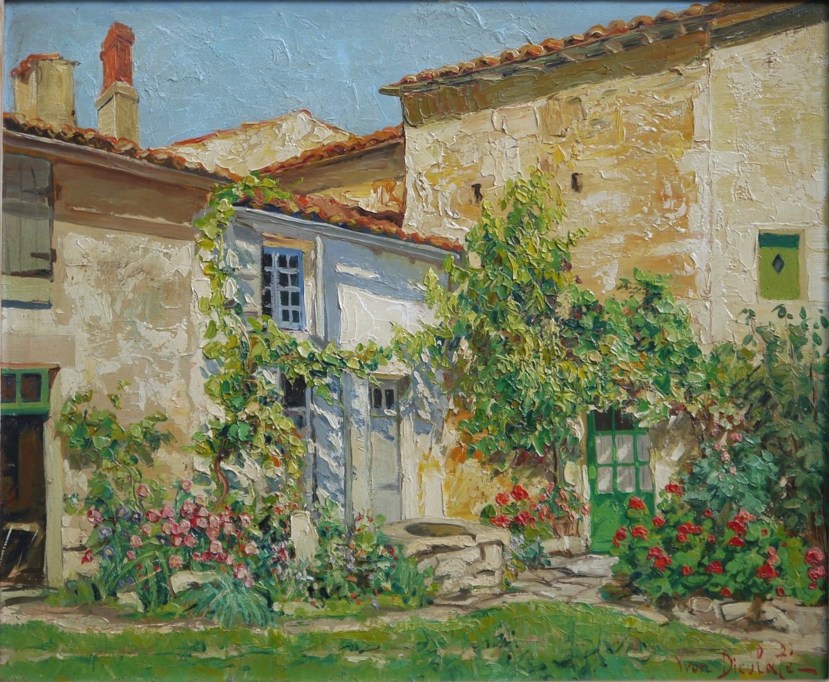 Maison et jardin fleuri ensoleillés. Yvon DIEULAFE (1903-1990)