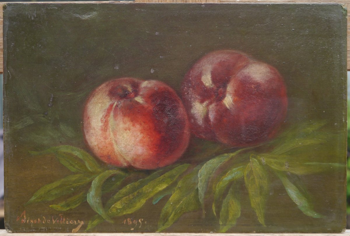 Charles-Louis-Marie Binot de Villiers XIXè. Nature morte aux pêches-photo-2