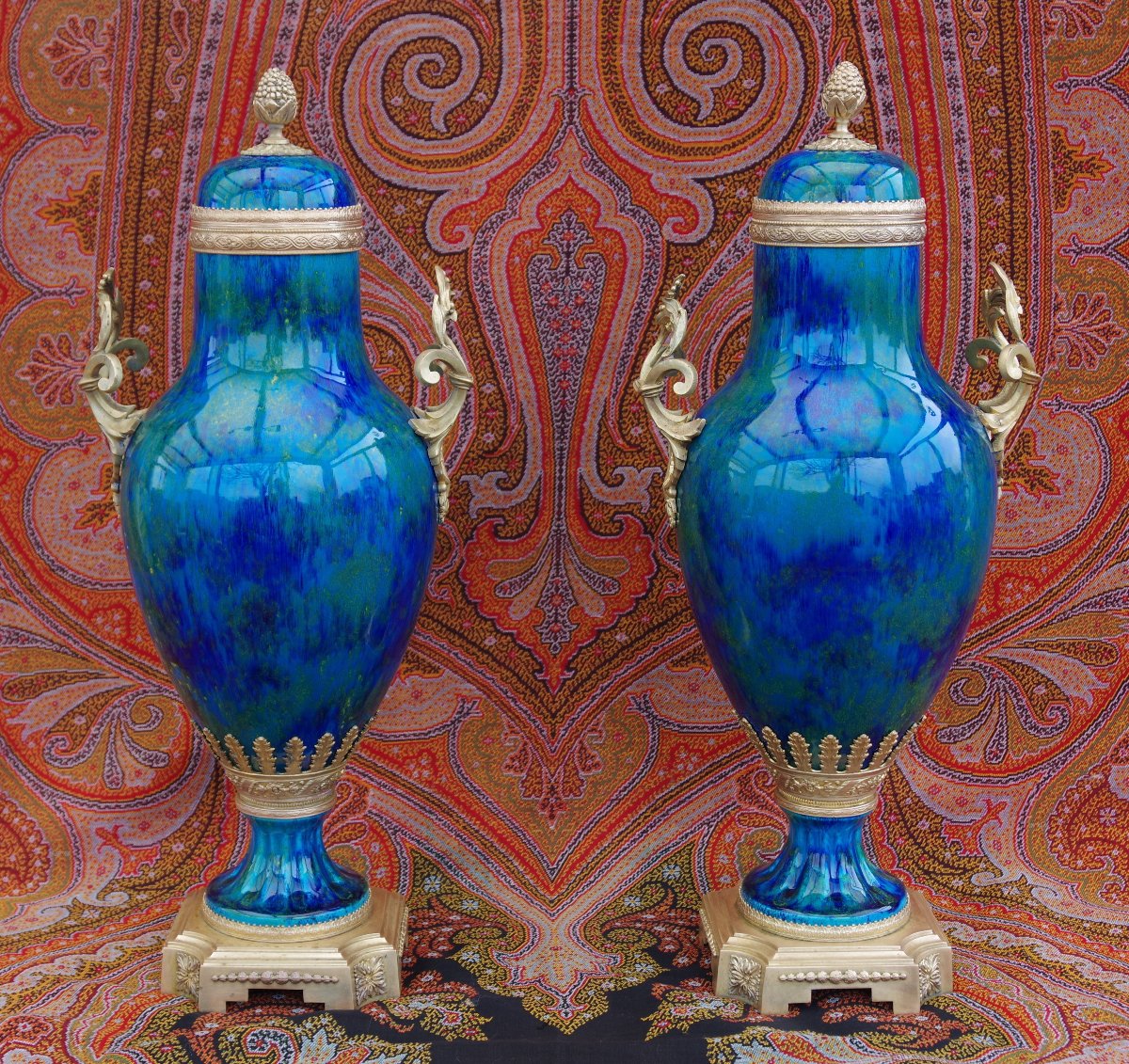 Paire de vases couverts montés bronze P.M. Sèvres vers 1900, faience Paul Millet-photo-2