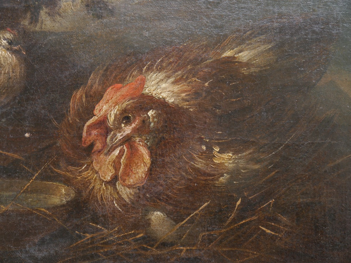 Hen And Bird Against A Landscape Background. Flemish Or Italian School, 17th Century.