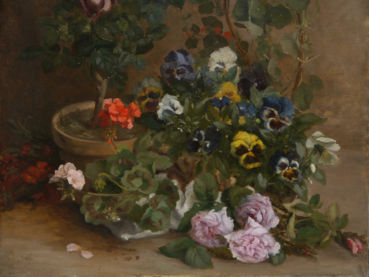 Large Floral Arrangement With Nasturtiums. Jean Baptiste Adolphe Bronquart (19th Century)-photo-1
