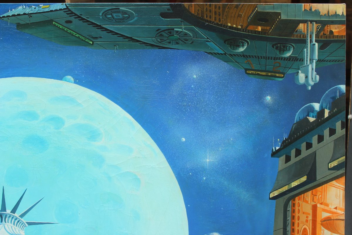 Très grand tableau science-fiction avec Statue de la Liberté,1980 .P Marchesseau-photo-4