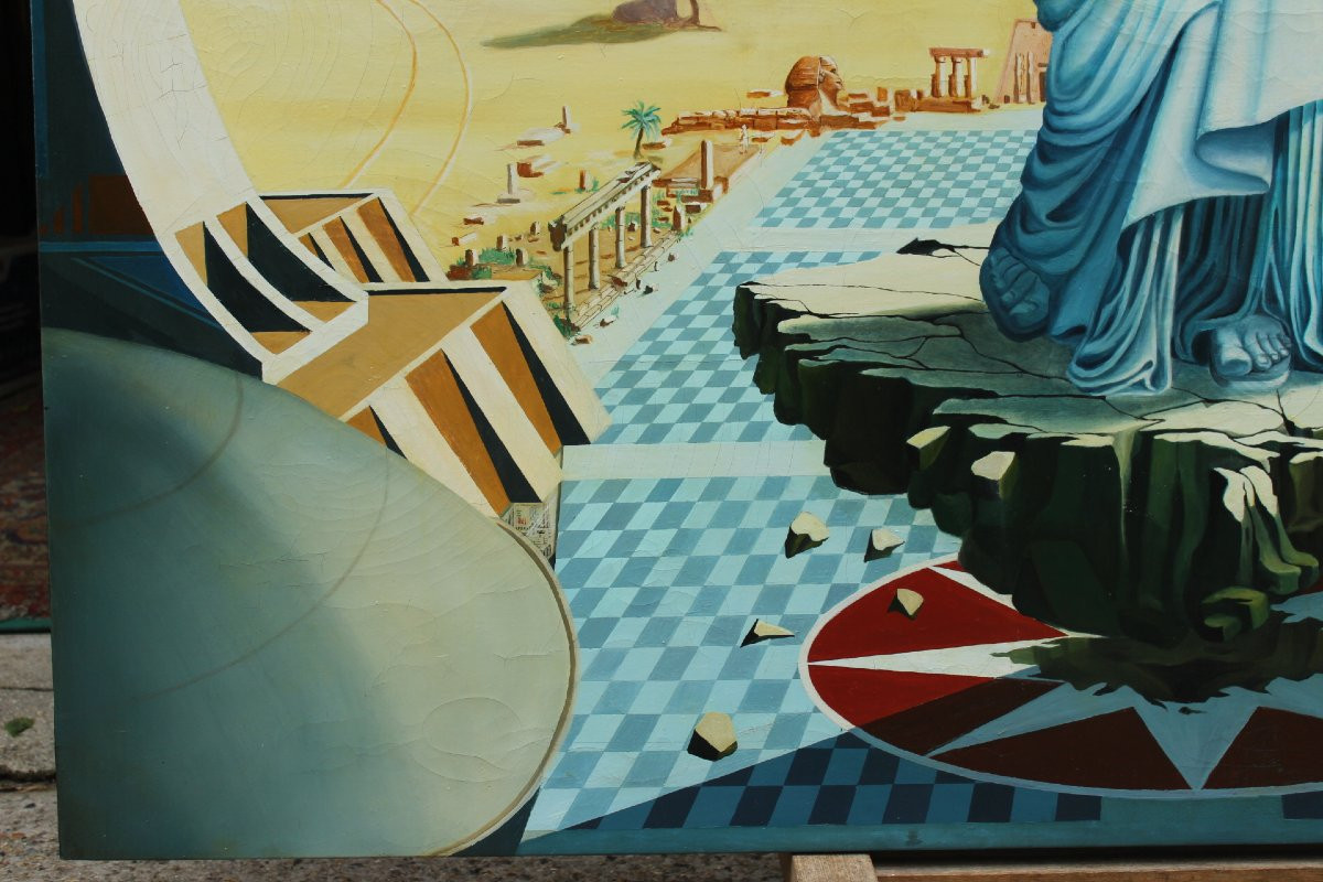 Très grand tableau science-fiction avec Statue de la Liberté,1980 .P Marchesseau-photo-4