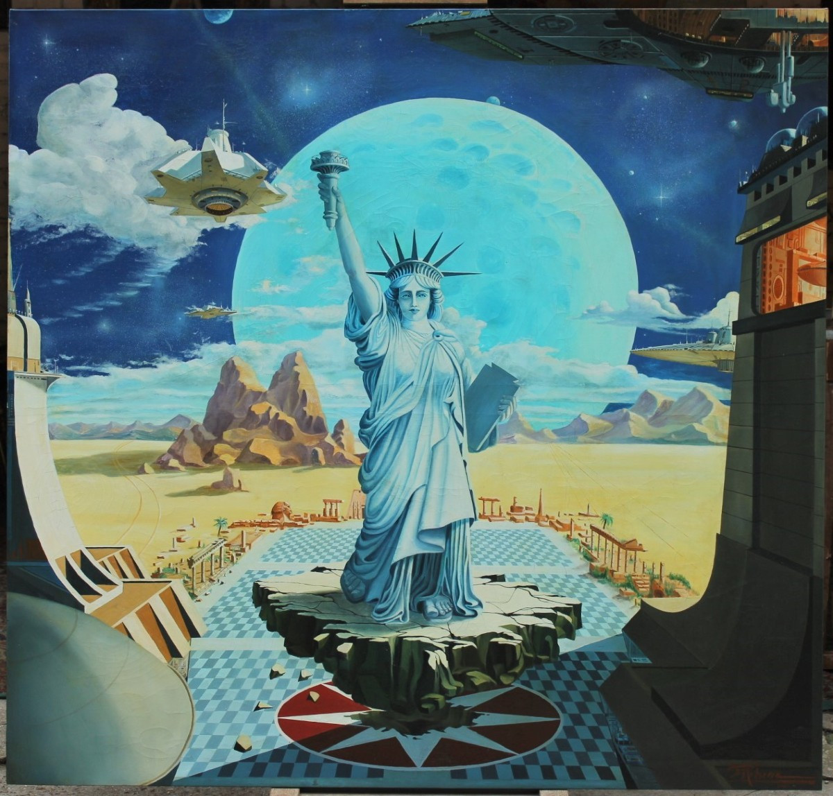 Très grand tableau science-fiction avec Statue de la Liberté,1980 .P Marchesseau
