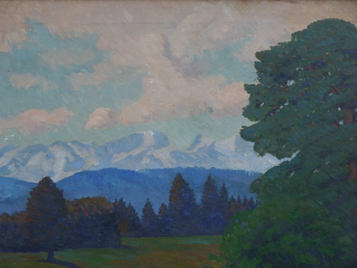 Arbre dans un paysage montagneux.Paul SCHWEIZER (1877-1945),Suisse,Bavière ?-photo-3