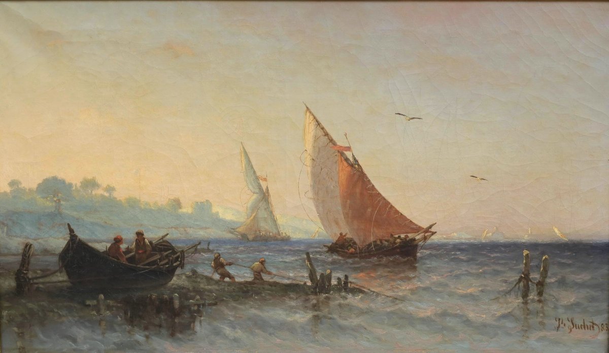 Grande marine pêcheurs devant Marseille. Joseph SUCHET (1824-1896). Grand tableau-photo-2