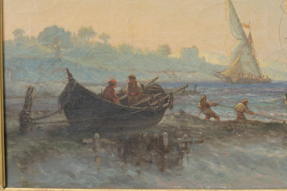 Grande marine pêcheurs devant Marseille. Joseph SUCHET (1824-1896). Grand tableau-photo-4