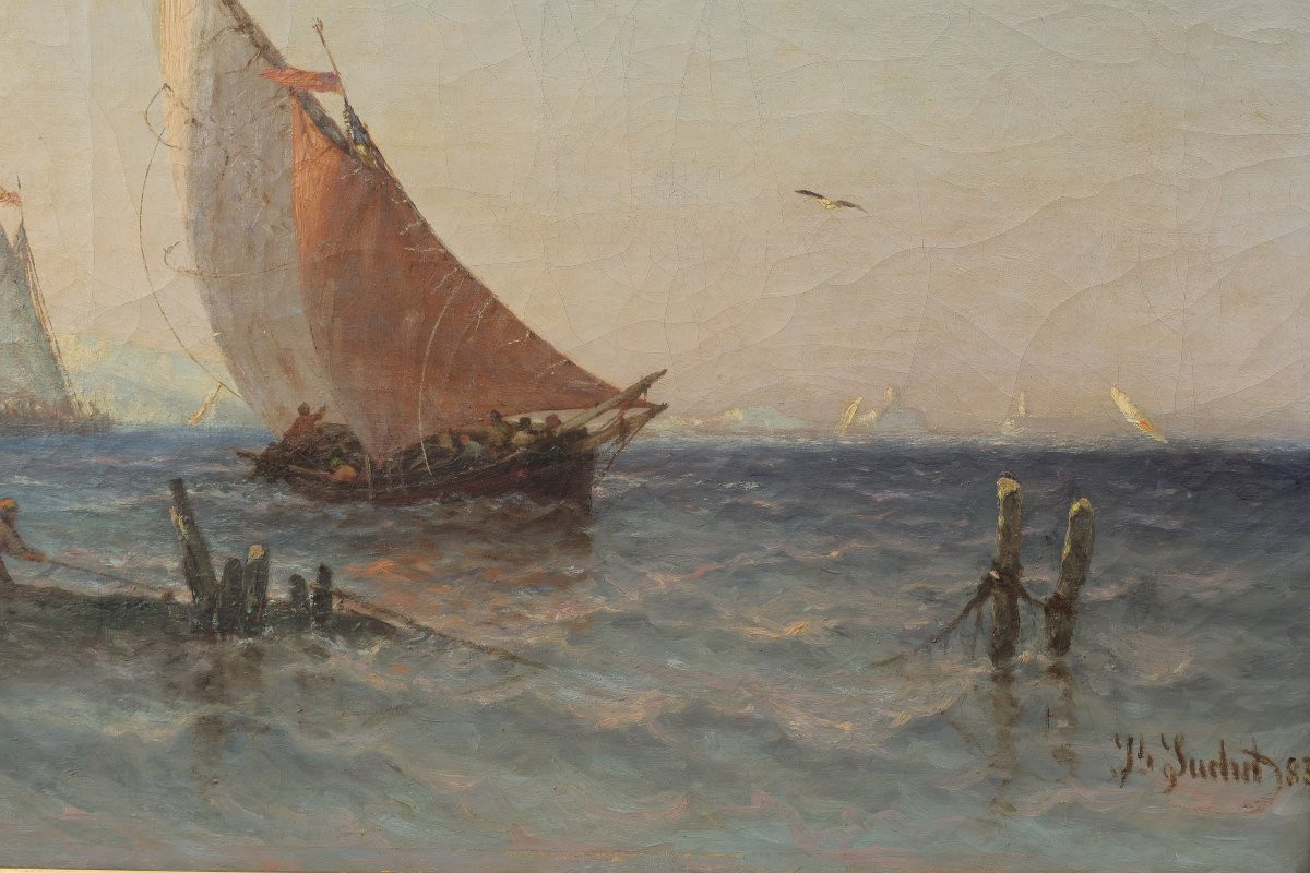 Grande marine pêcheurs devant Marseille. Joseph SUCHET (1824-1896). Grand tableau-photo-1
