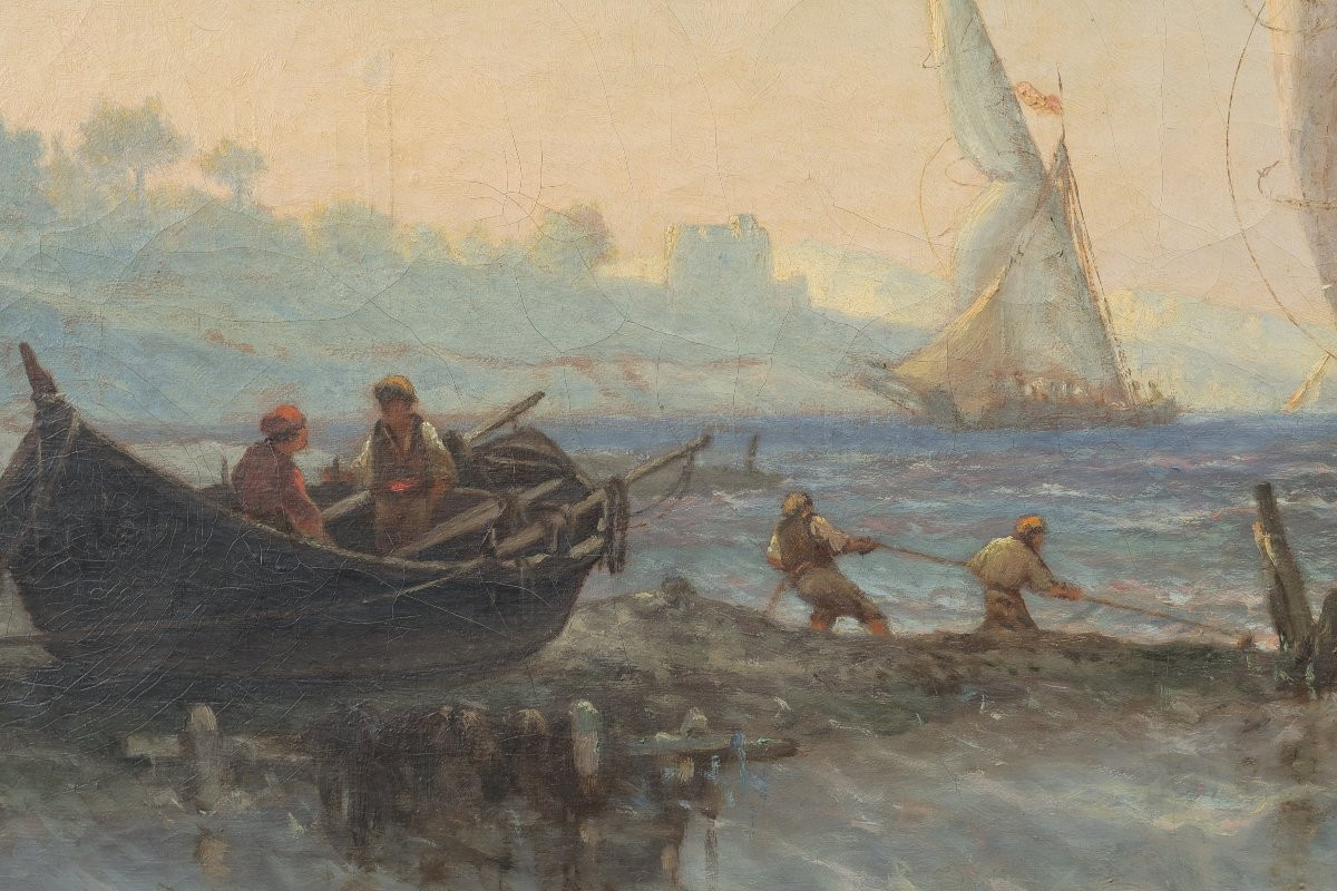Grande marine pêcheurs devant Marseille. Joseph SUCHET (1824-1896). Grand tableau-photo-2