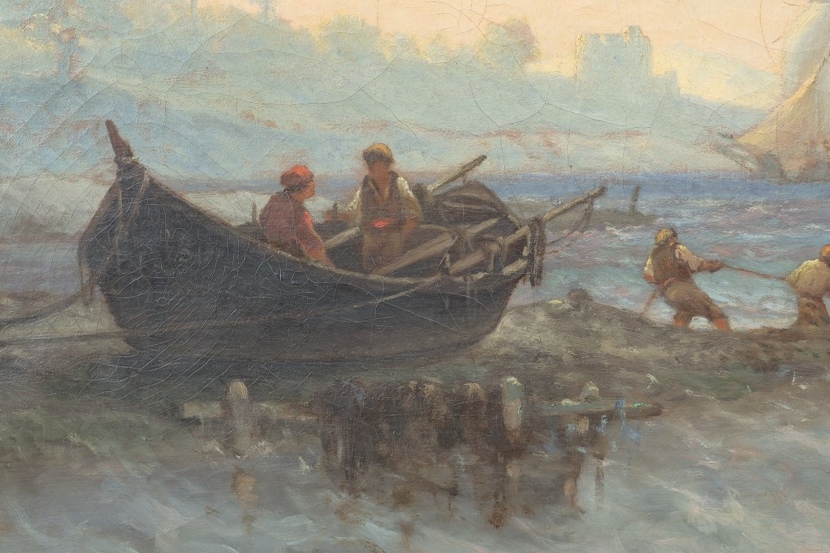 Grande marine pêcheurs devant Marseille. Joseph SUCHET (1824-1896). Grand tableau-photo-4
