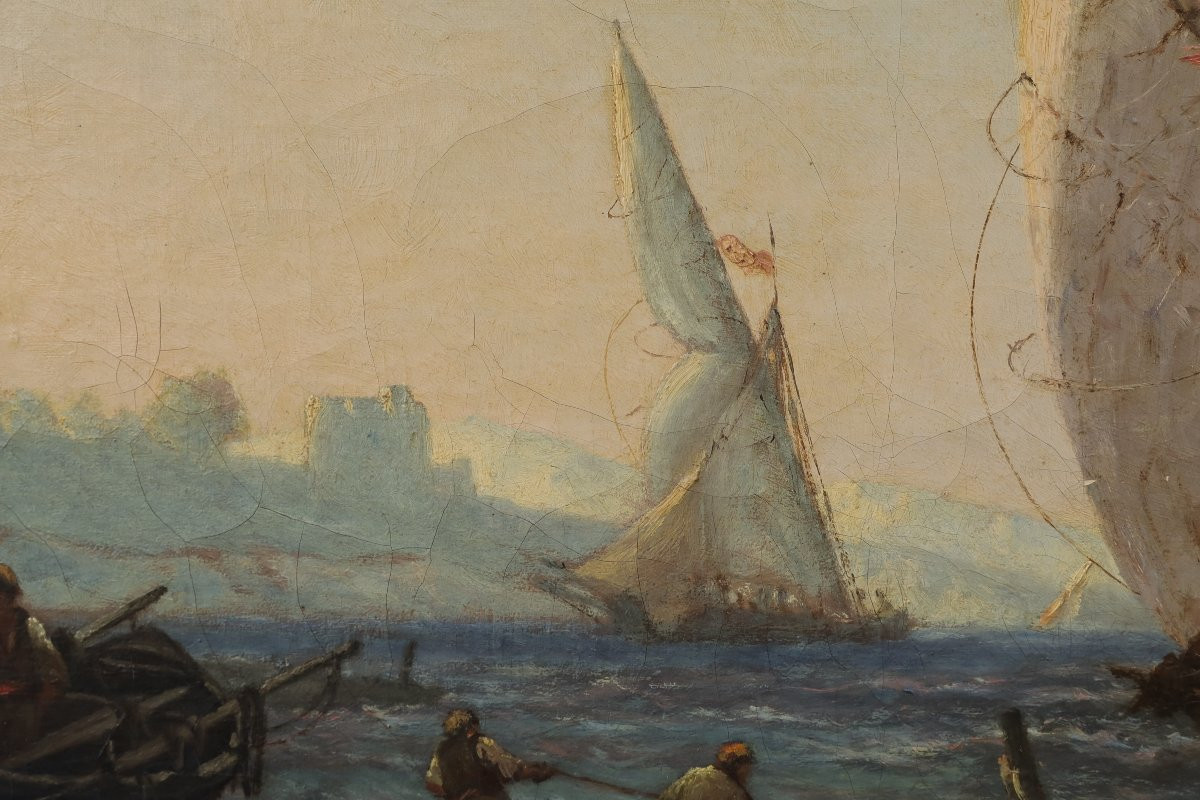 Grande marine pêcheurs devant Marseille. Joseph SUCHET (1824-1896). Grand tableau-photo-6
