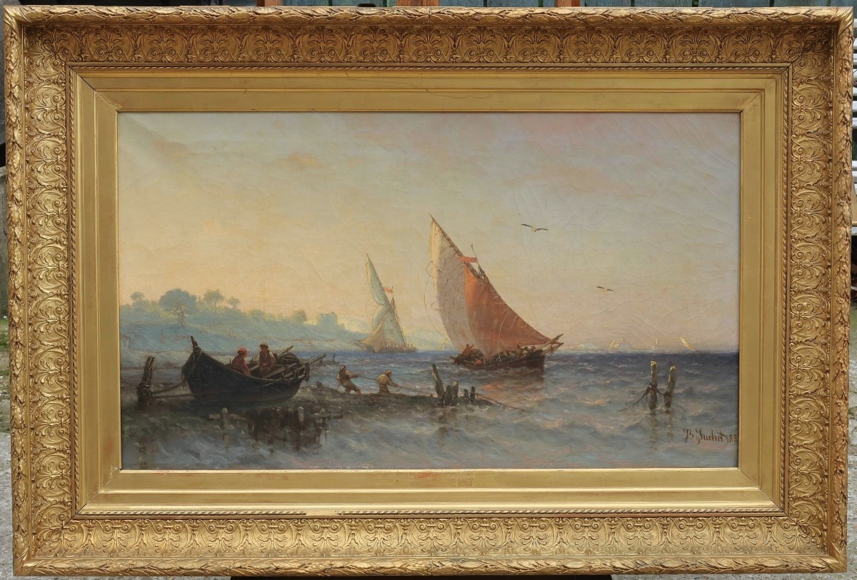 Grande marine pêcheurs devant Marseille. Joseph SUCHET (1824-1896). Grand tableau