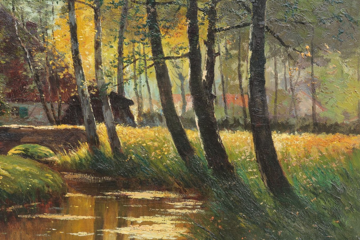 Prosper De Wit (1862-1951). Large Landscape With A Washerwoman, Brabant.-photo-5